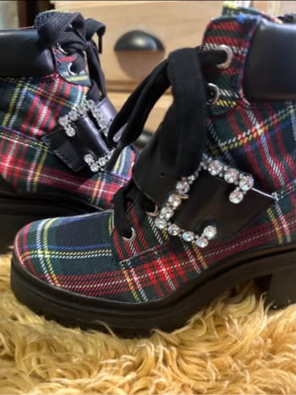 NEW - Gianni Bini Pop-Star Plaid Rhinestone Buckle Lug Sole Boots